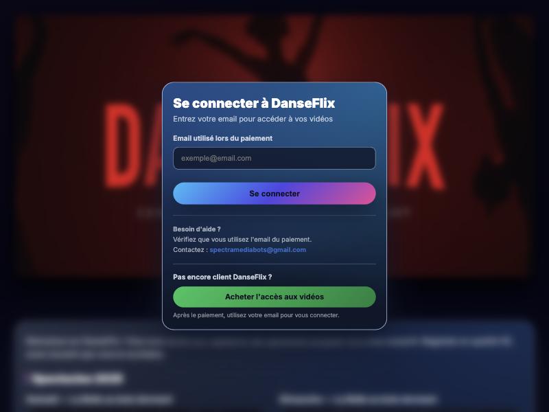 Capture de DanseFlix : page de connexion réservée aux acheteurs, avec accès par e-mail